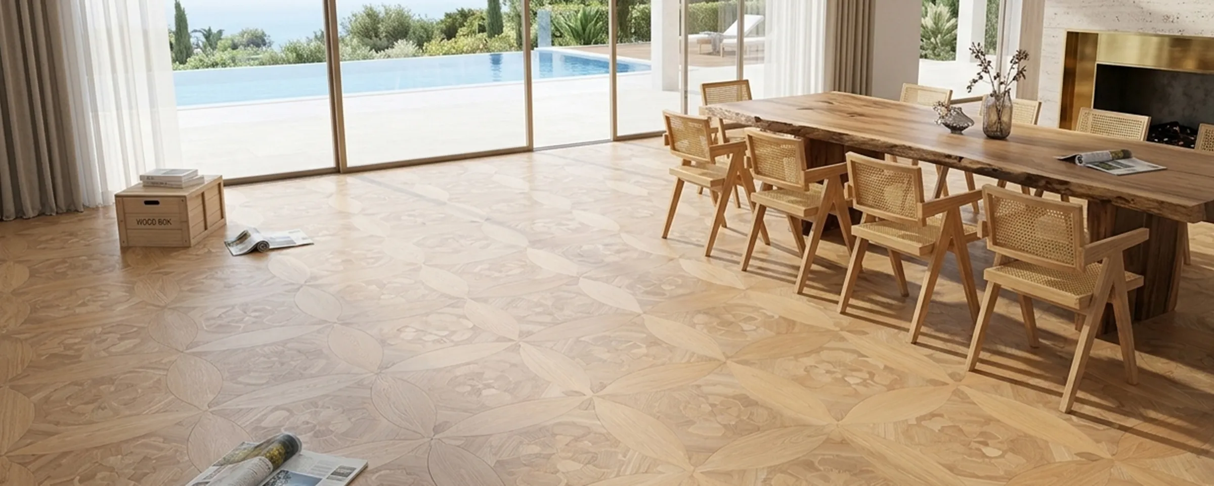 Living space with marquetry parquet